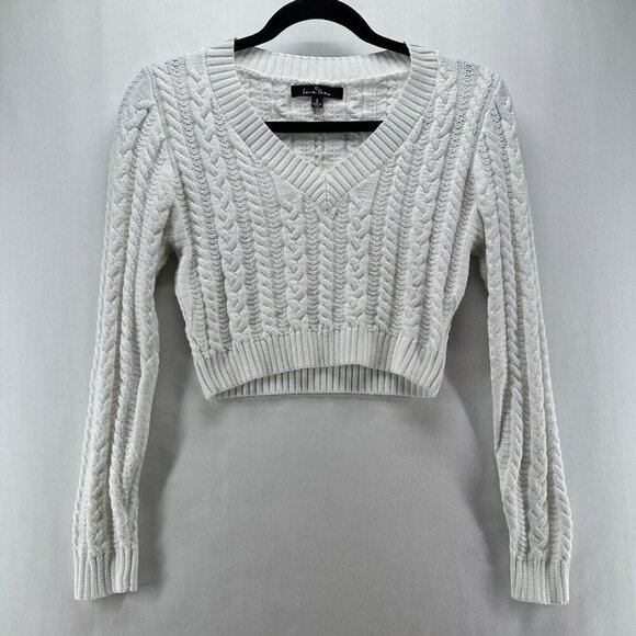 Love Tree Cropped Sweater Women Sz S Cable Knit Pullover V-Neck Minimalist White - Picture 1 of 11